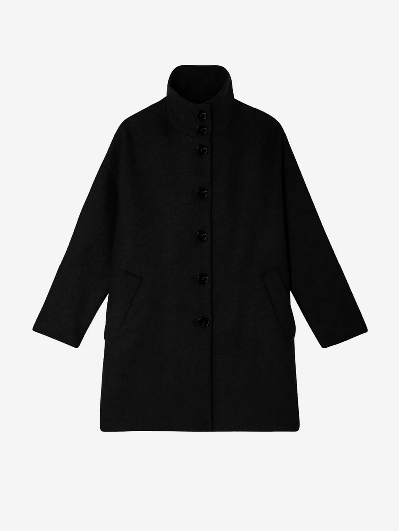 Cappotto midi nero in misto lana con collo alto