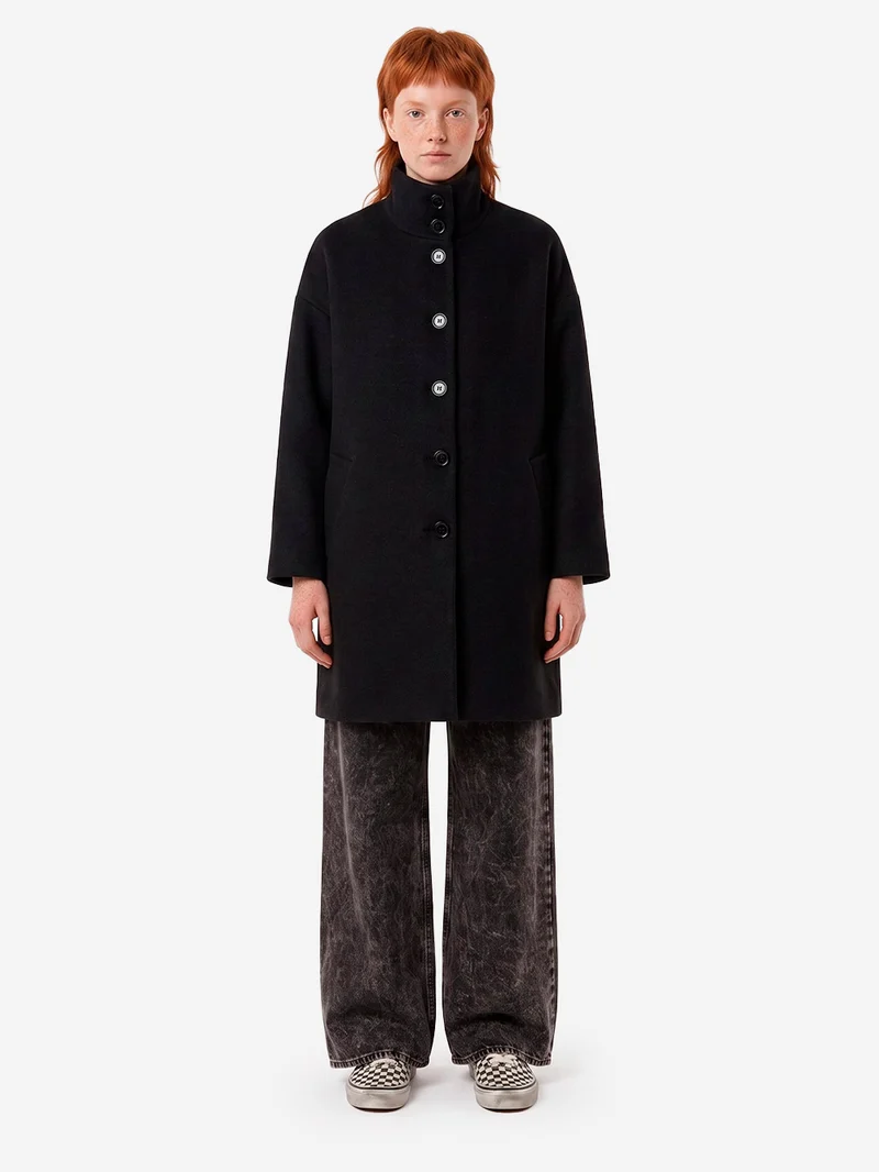 Cappotto midi nero in misto lana con collo alto