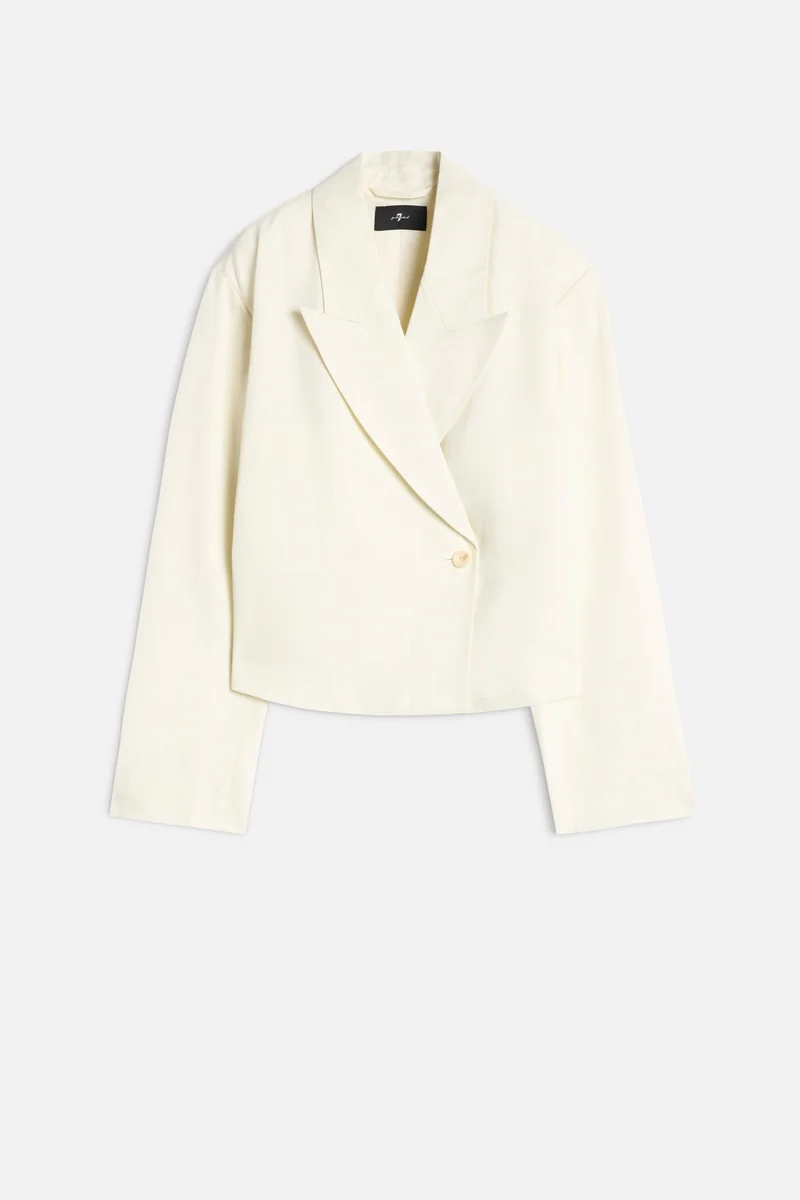Cropped Linen Blend Blazer in Ivory