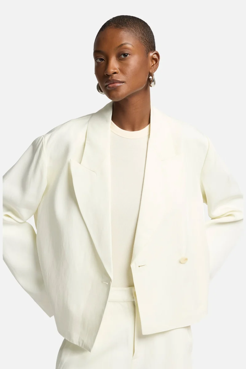 Cropped Linen Blend Blazer in Ivory