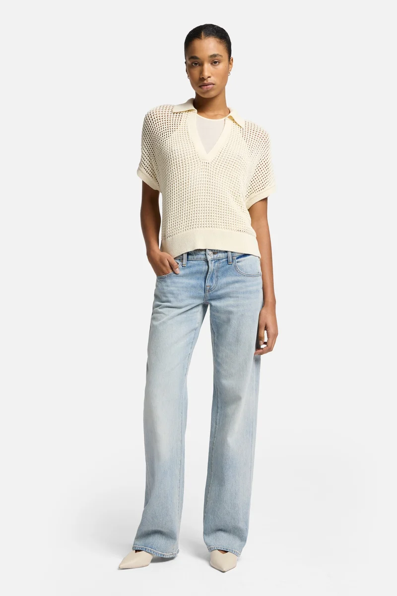 Short Sleeve Open Knit Polo in Oatmeal