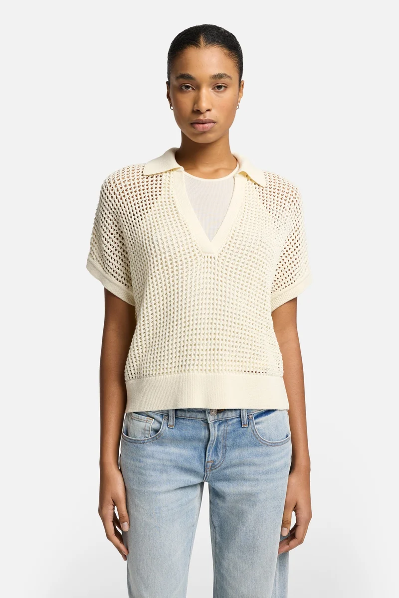 Short Sleeve Open Knit Polo in Oatmeal