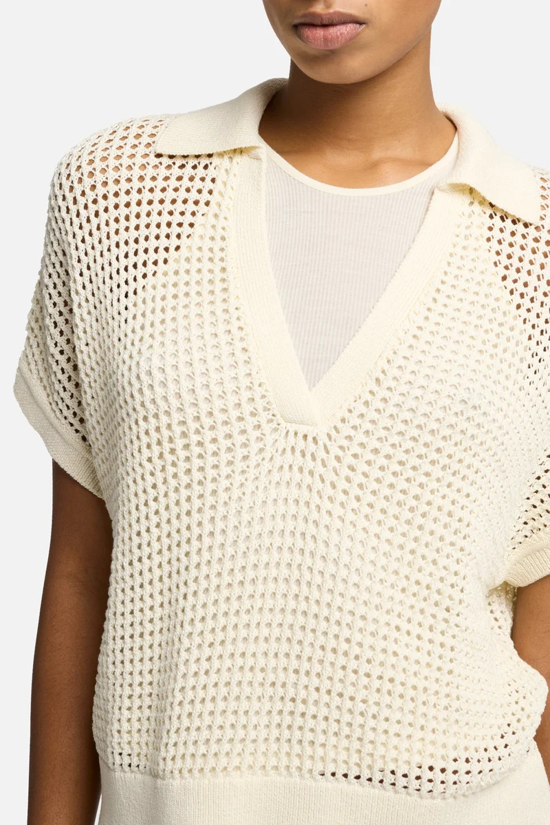 Short Sleeve Open Knit Polo in Oatmeal