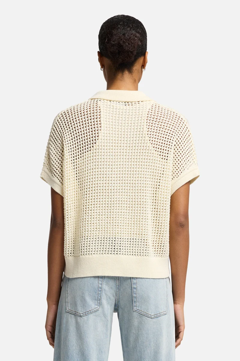 Short Sleeve Open Knit Polo in Oatmeal