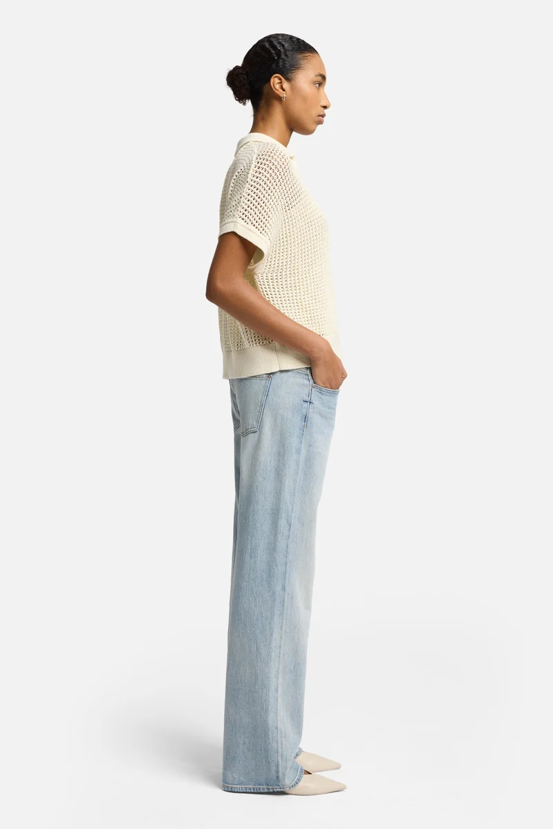 Short Sleeve Open Knit Polo in Oatmeal