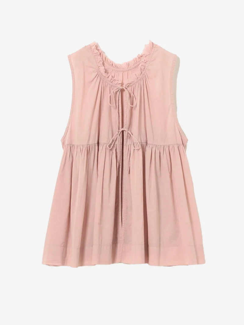 Camicia senza maniche rosa in sheer di cotone con lacci e pieghe