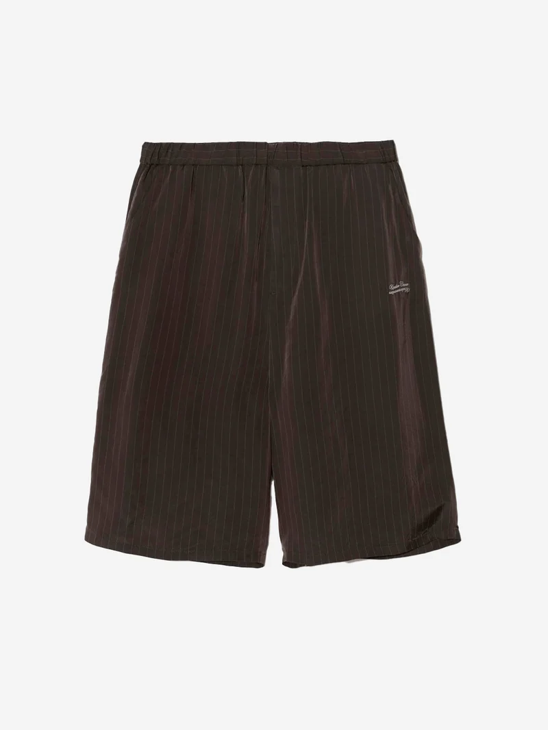 Shorts marroni in cupro con motivo gessato e logo