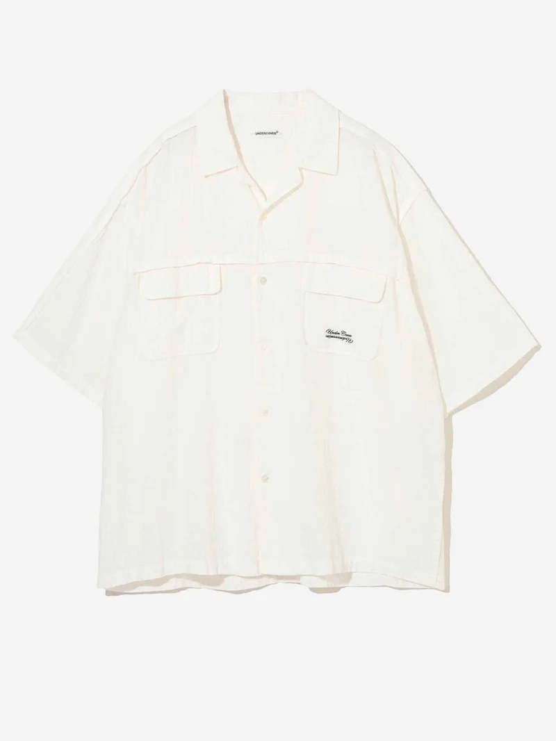 Camicia a manica corta bianca con collo aperto in misto lino e ramia