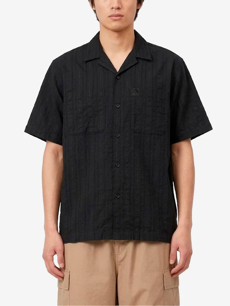 Camicia nera S/S Gareth con collo bowling