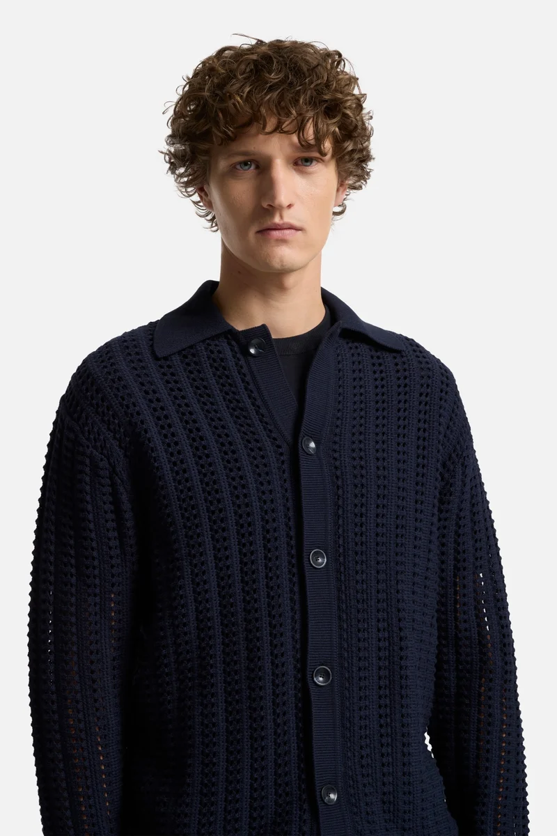 Crochet Knit Polo in Navy