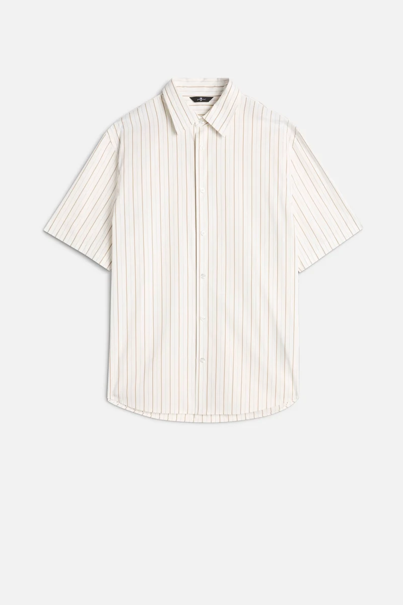 Short Sleeve Poplin Shirt in Beige Stripe