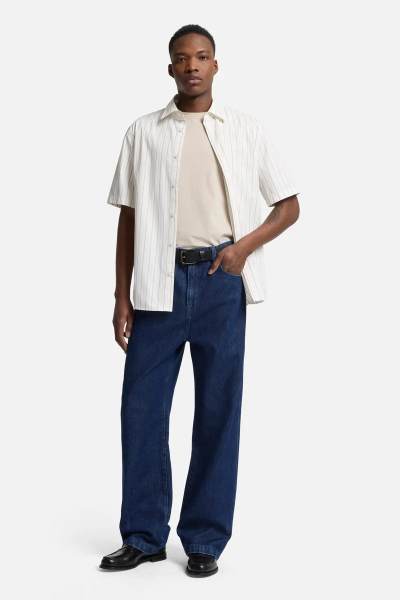 Short Sleeve Poplin Shirt in Beige Stripe