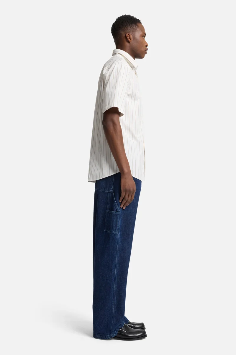 Short Sleeve Poplin Shirt in Beige Stripe