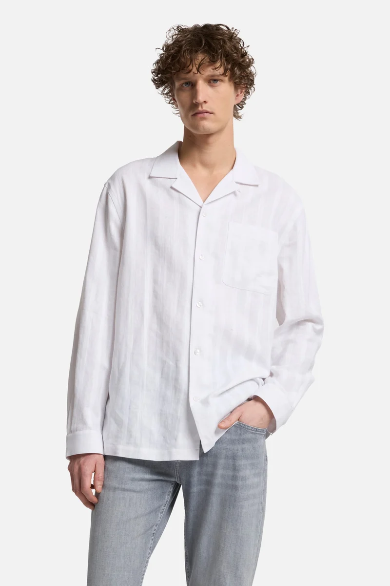 Linen Blend Long Sleeve Camp Shirt in White