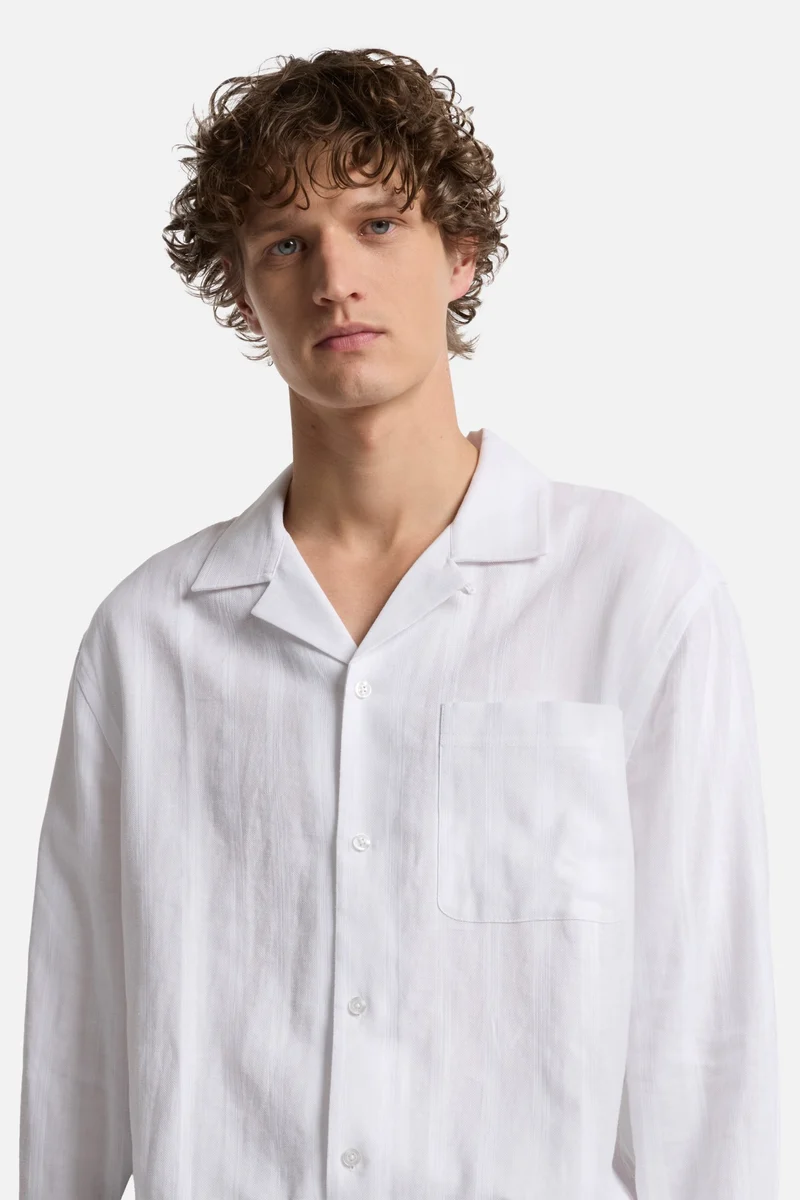 Linen Blend Long Sleeve Camp Shirt in White