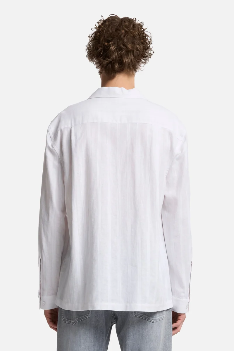Linen Blend Long Sleeve Camp Shirt in White