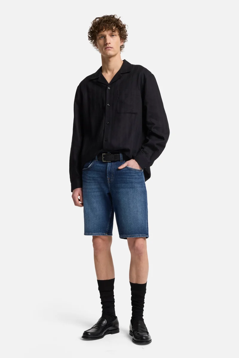 Linen Blend Long Sleeve Camp Shirt in Black