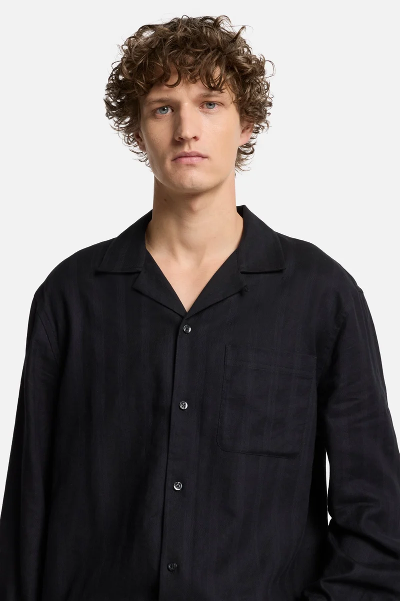 Linen Blend Long Sleeve Camp Shirt in Black