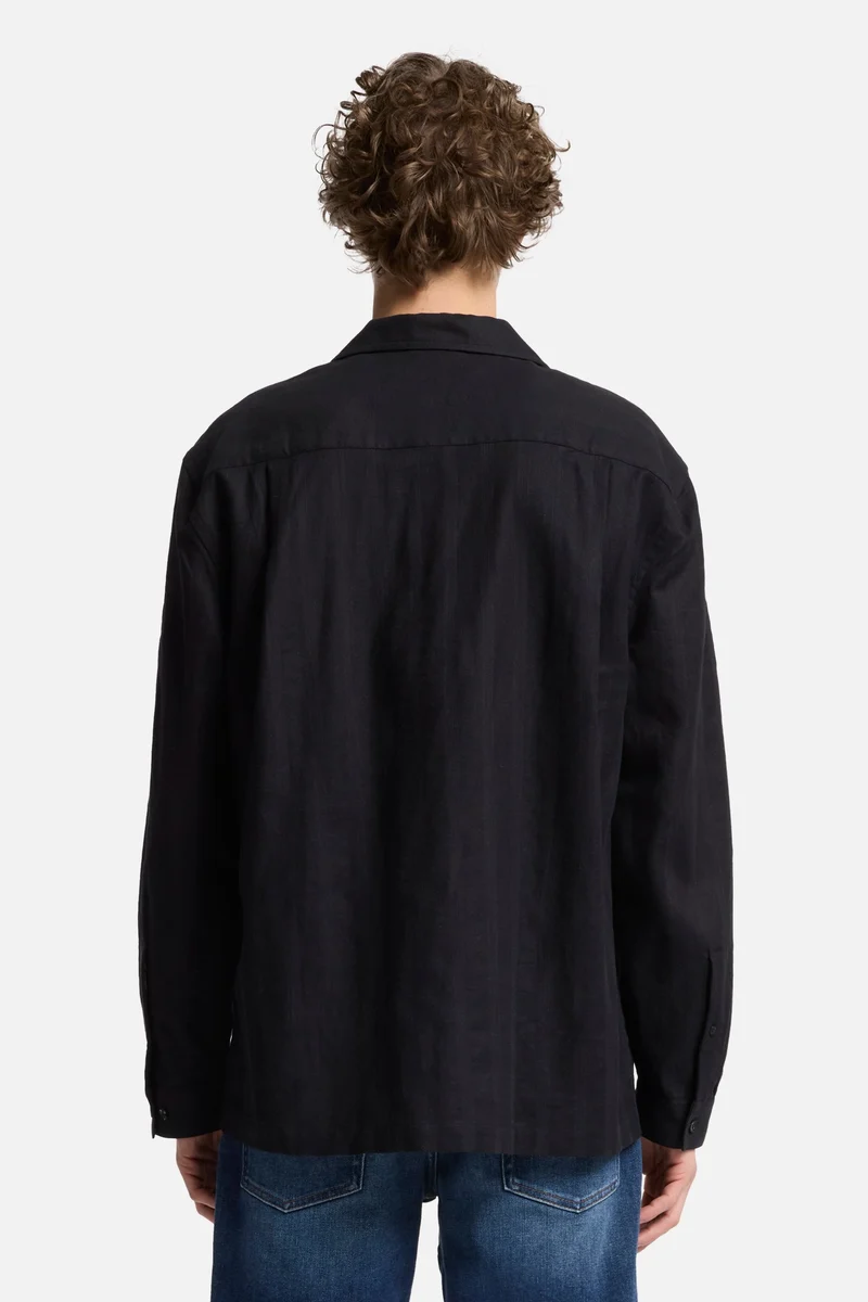 Linen Blend Long Sleeve Camp Shirt in Black