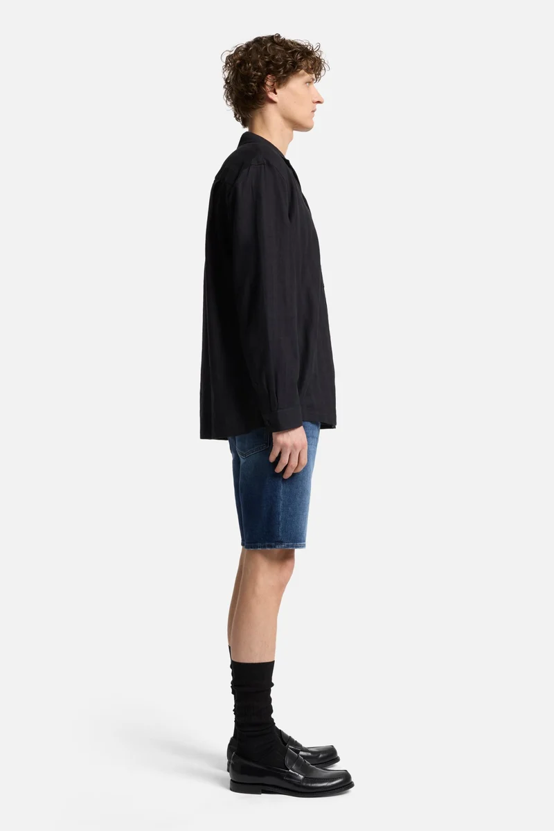 Linen Blend Long Sleeve Camp Shirt in Black
