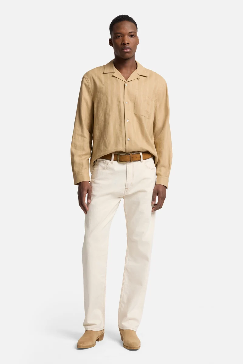 Linen Blend Long Sleeve Camp Shirt in Beige