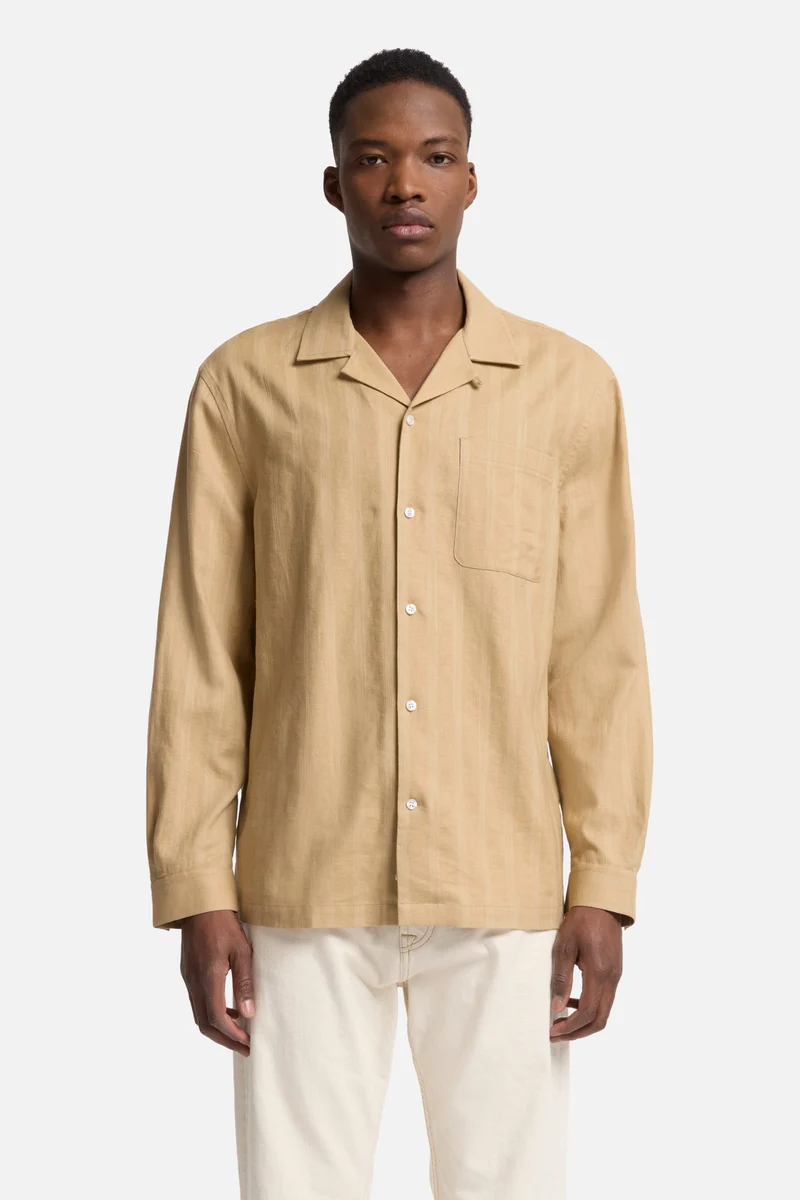 Linen Blend Long Sleeve Camp Shirt in Beige