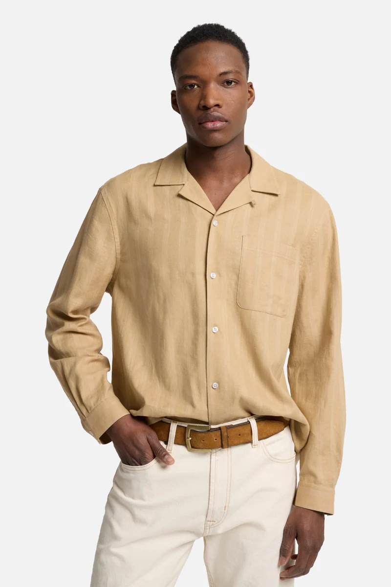 Linen Blend Long Sleeve Camp Shirt in Beige