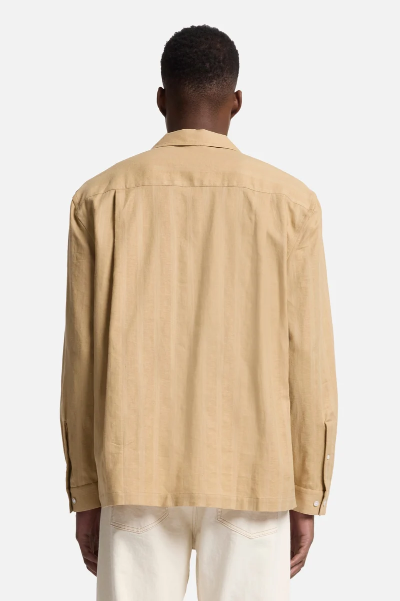 Linen Blend Long Sleeve Camp Shirt in Beige