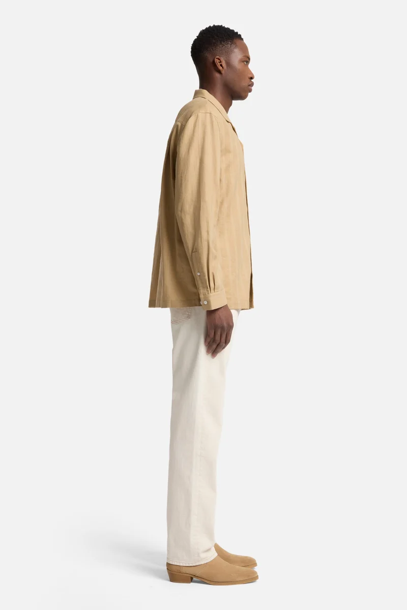 Linen Blend Long Sleeve Camp Shirt in Beige