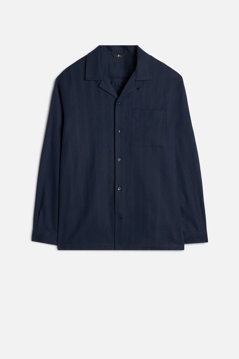 Linen Blend Long Sleeve Camp Shirt in Navy