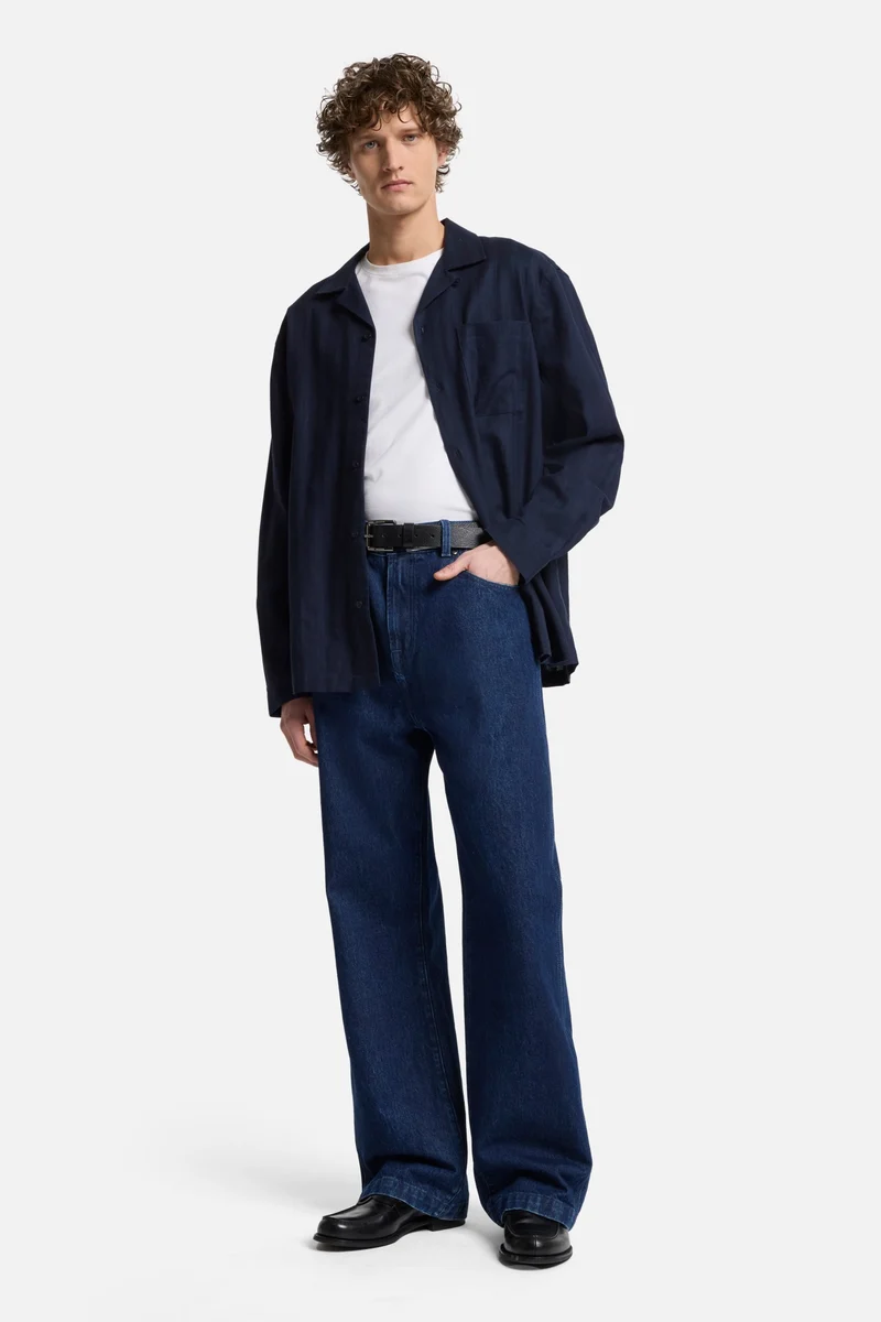Linen Blend Long Sleeve Camp Shirt in Navy
