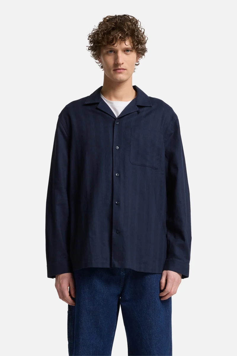 Linen Blend Long Sleeve Camp Shirt in Navy