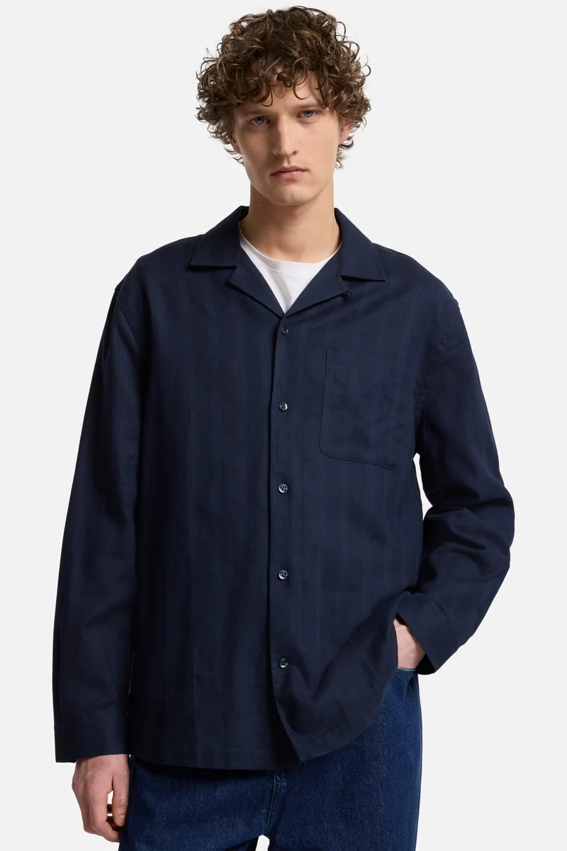 Linen Blend Long Sleeve Camp Shirt in Navy