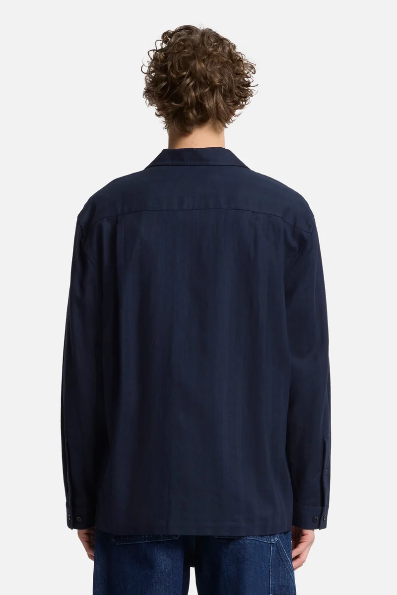 Linen Blend Long Sleeve Camp Shirt in Navy