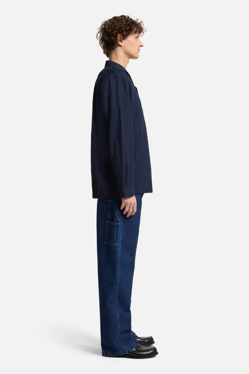 Linen Blend Long Sleeve Camp Shirt in Navy