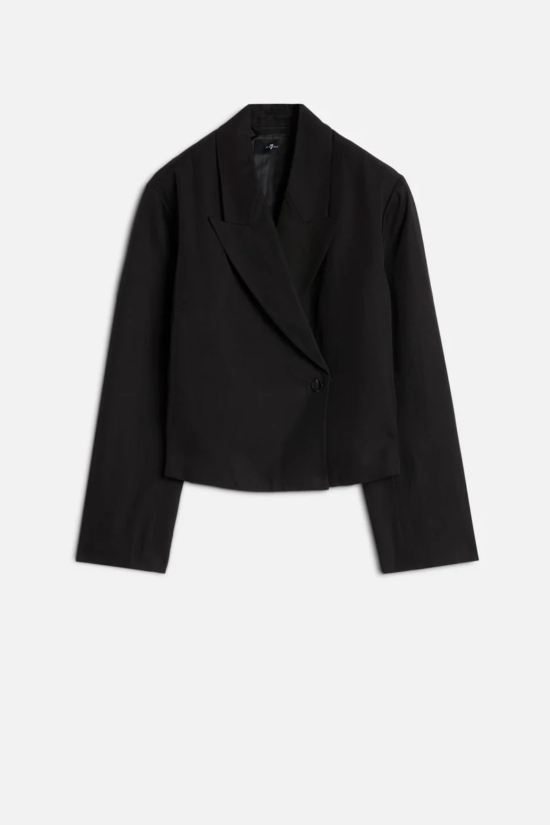 Cropped Linen Blend Blazer in Black