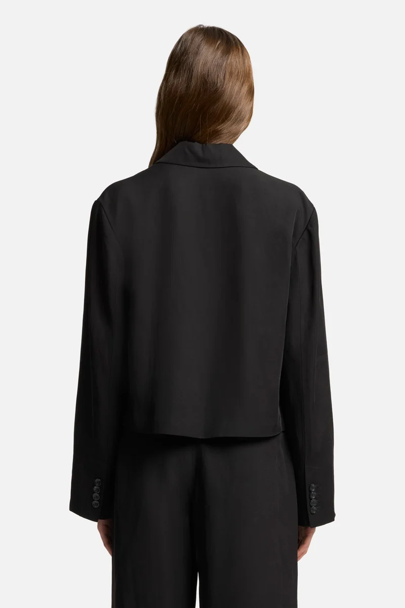 Cropped Linen Blend Blazer in Black