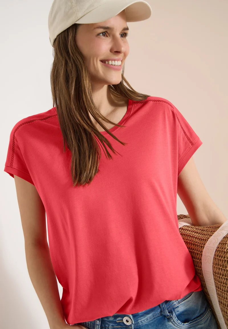 NOS Solid Lace Shoulder T-Shir, coral