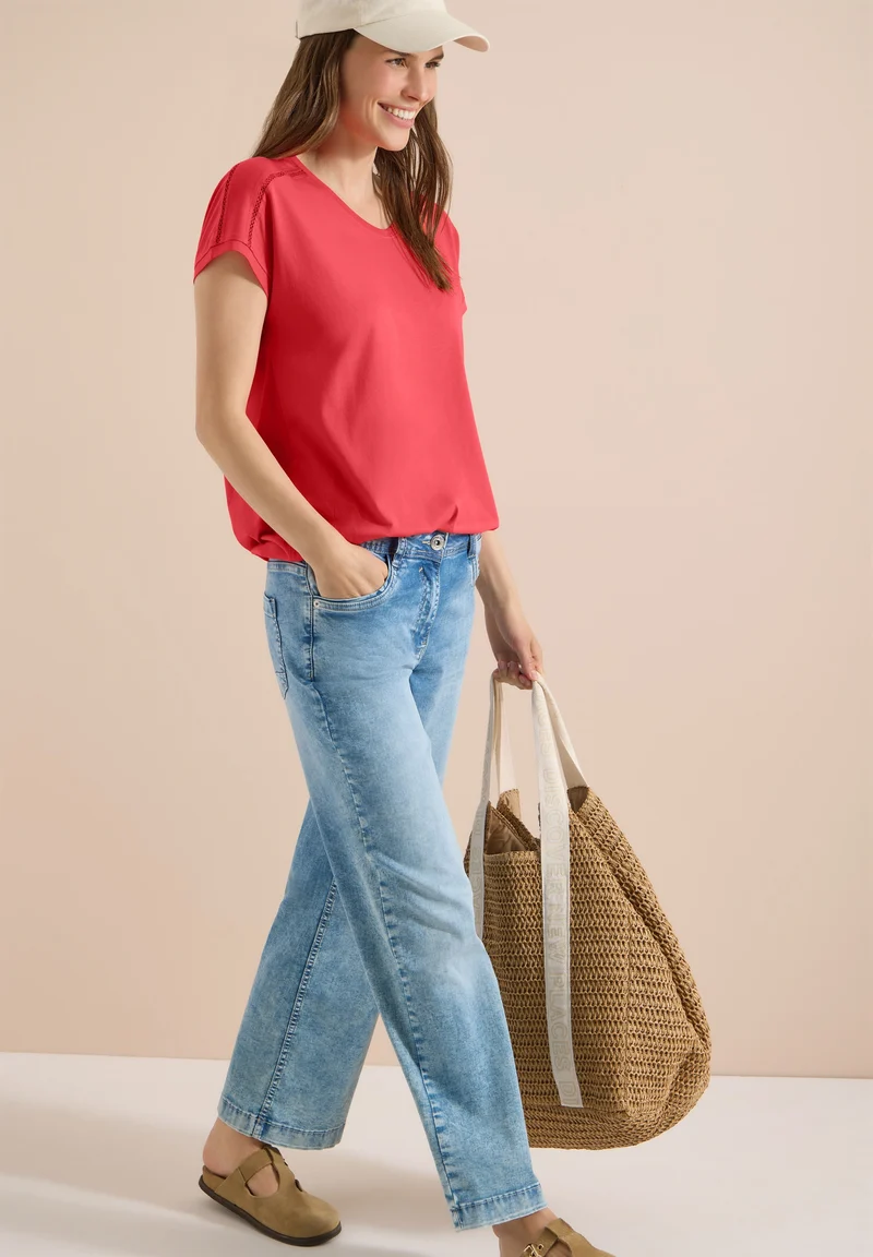 NOS Solid Lace Shoulder T-Shir, coral