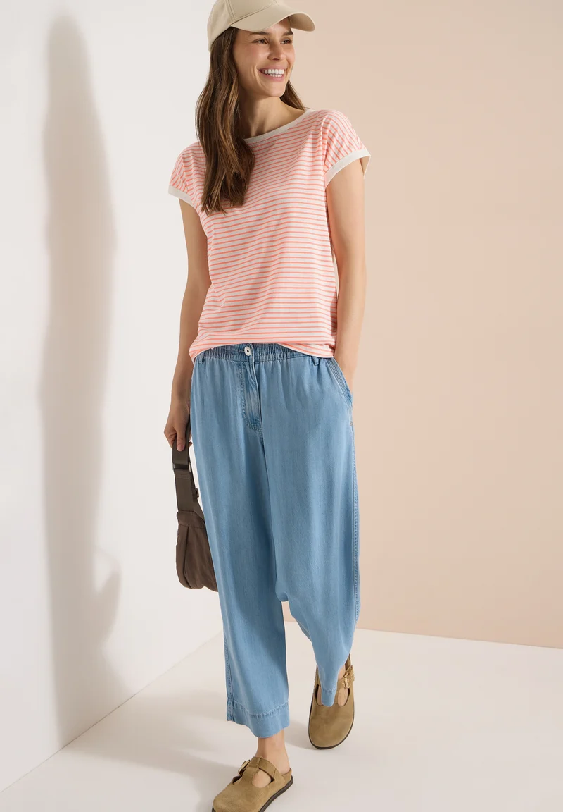 TOS Striped Turn-Up Shirt, coral