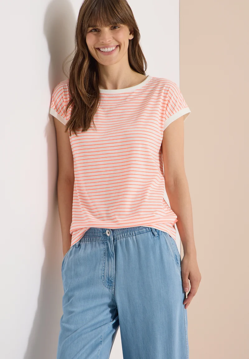 TOS Striped Turn-Up Shirt, coral