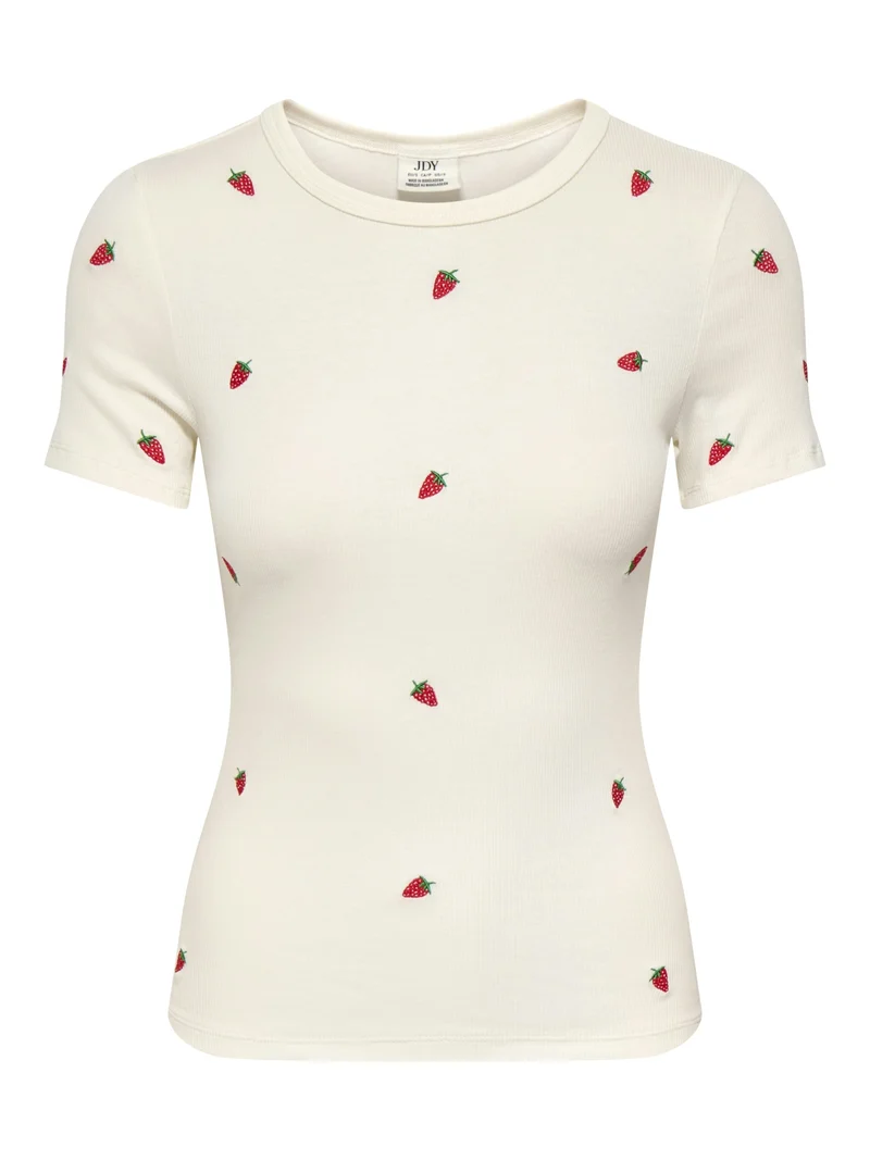 JDYLUCKY S/S O NECK EMB TOP JRS DIA, Cloud Dancer/STRAWBERRY EMB