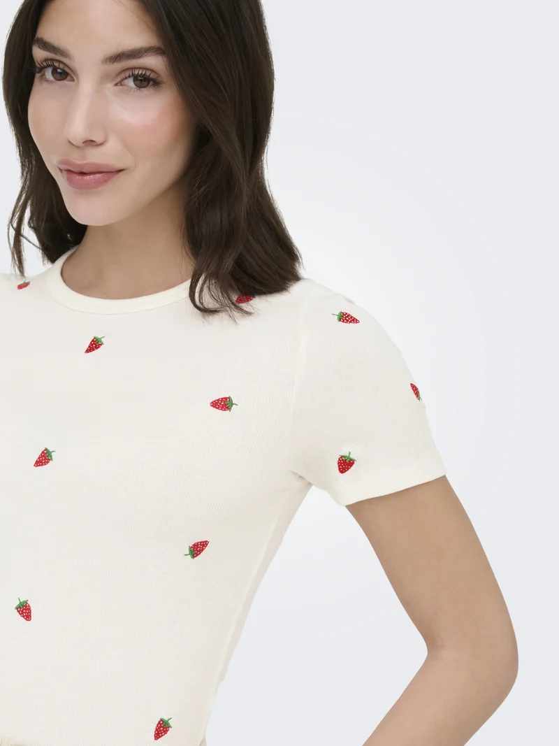 JDYLUCKY S/S O NECK EMB TOP JRS DIA, Cloud Dancer/STRAWBERRY EMB