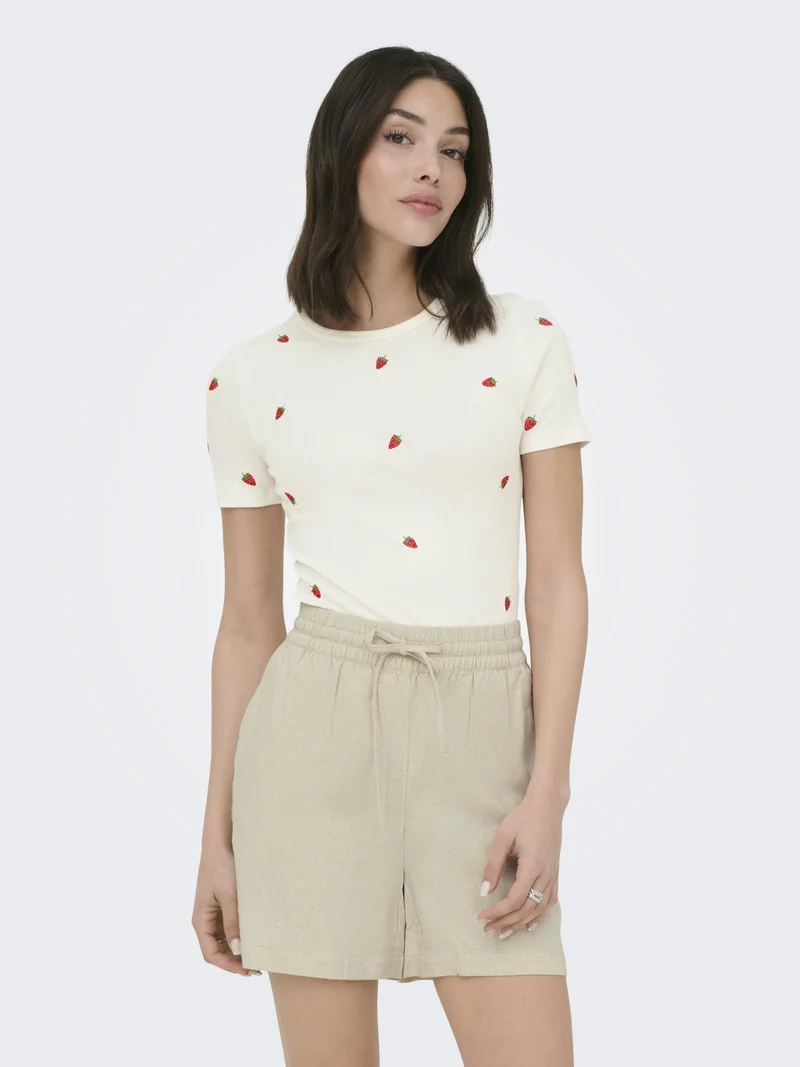JDYLUCKY S/S O NECK EMB TOP JRS DIA, Cloud Dancer/STRAWBERRY EMB