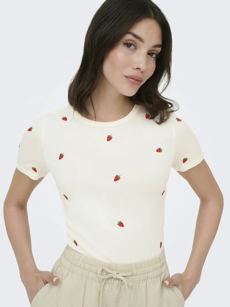 JDYLUCKY S/S O NECK EMB TOP JRS DIA, Cloud Dancer/STRAWBERRY EMB