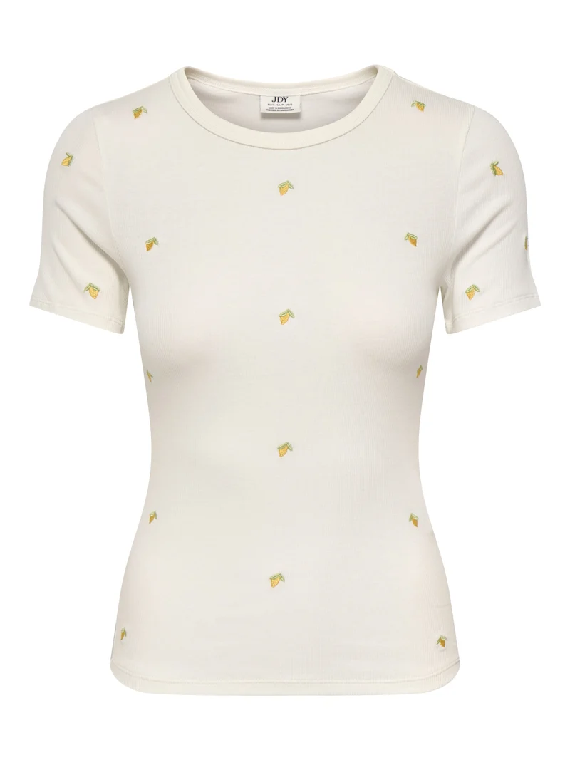 JDYLUCKY S/S O NECK EMB TOP JRS DIA, Cloud Dancer/LEMON EMB