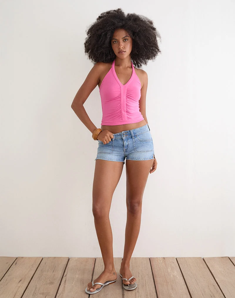 Delyn-Oberteil mit Rüschen und tiefem Ausschnitt in Deep Pink