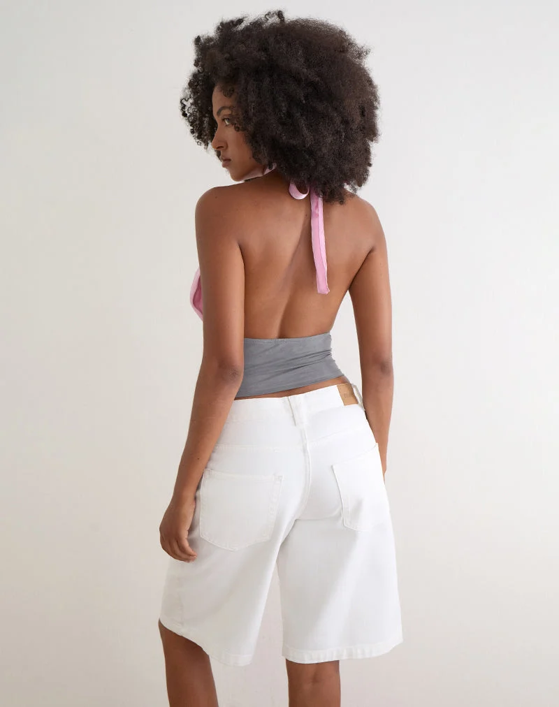 Rania-Top mit offenem Rücken aus rosa Satin-Organza mit grauen Kontrastakzenten