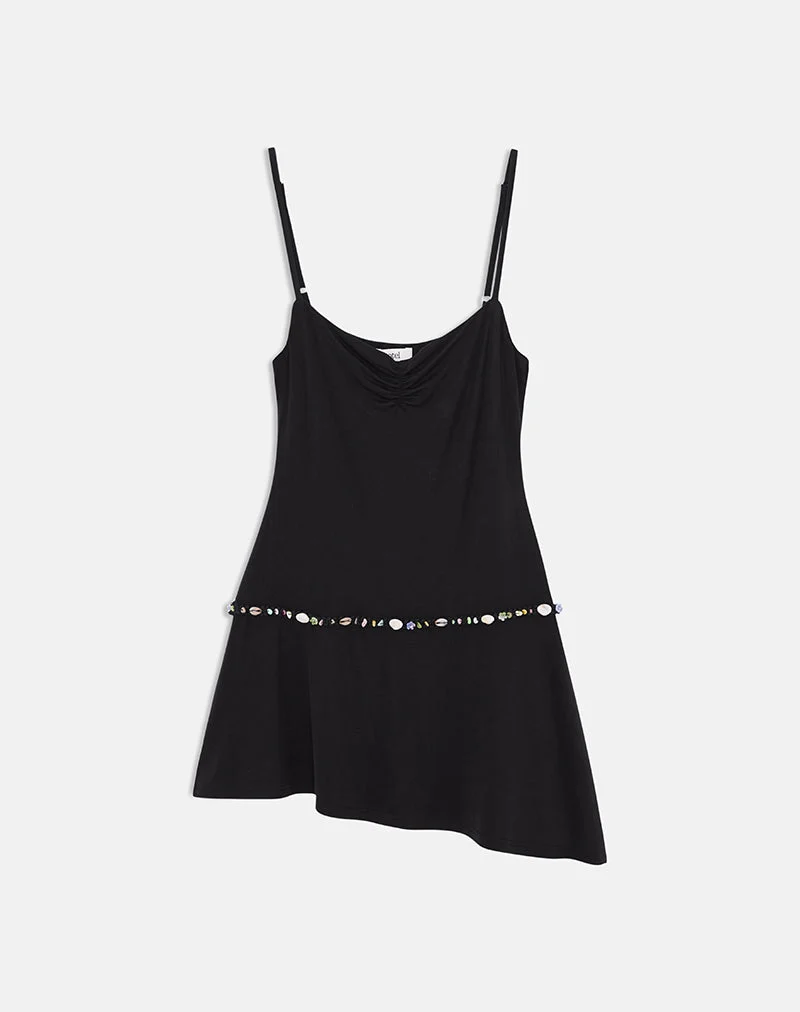 Gussie-Minikleid mit Muschelbordüre aus Cupro, schwarz