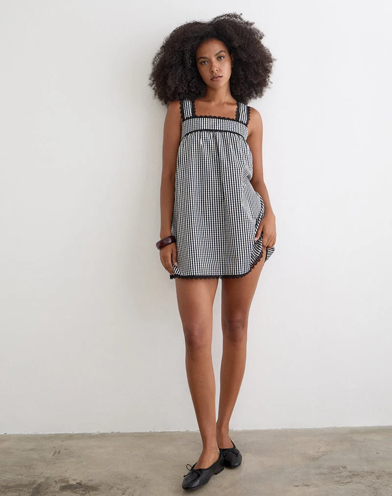 Sandat Smock Minikleid in Mini-Gingham-Grau